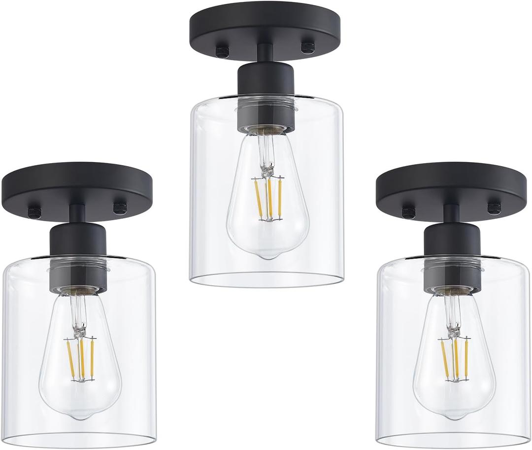 Black 1-Light Semi Flush Mount Ceiling Light, Rustic Kitchen Lighting Fixtures Ceiling, Classic Ceiling Light Fixtures, Cieling Light with Glass Shade for Hallway Foyer Farmhouse Bedroom 3 Pack