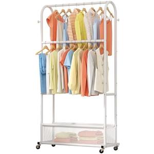 MOYIPIN Double Rods Clothing Rack with Wheels,Clothing Organizer for Hanging Clothes Coat Scarves Bags,Multi-functional Bedroom Garment Rack,4 Hooks,White