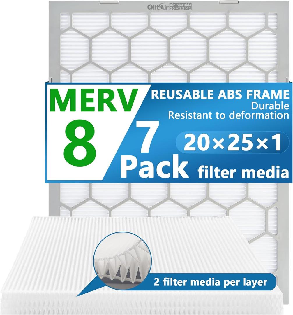 20x25x1 MERV 8 Air Filter,AC Furnace Air Filter,Reusable ABS Plastic Frame, 7 Pack Replaceable Filter Media (Actual Size: 19 3/4" x 24 3/4" x 3/4")