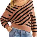 Panadila Womens Striped Off Shoulder Sweater Oversized Long Sleeve V Neck Sweater Tops Knitted Color Block Pullover (Brown)