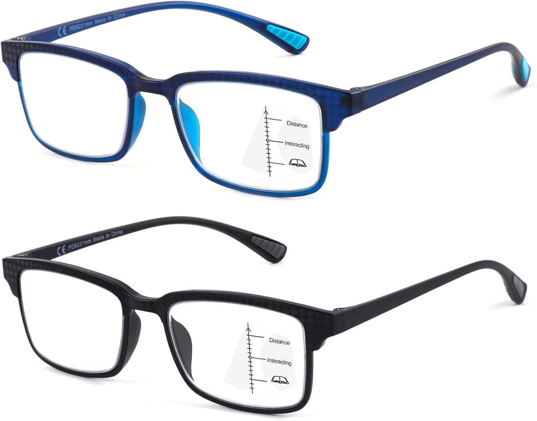 CARA Premium 2 Pack Progressive Multifocus Reading Glasses, Lightweight TR90 Frame Anti-blue Light Computer Readers, Standard for Distance Range Approx 20ft, Black& Blue,2.0x