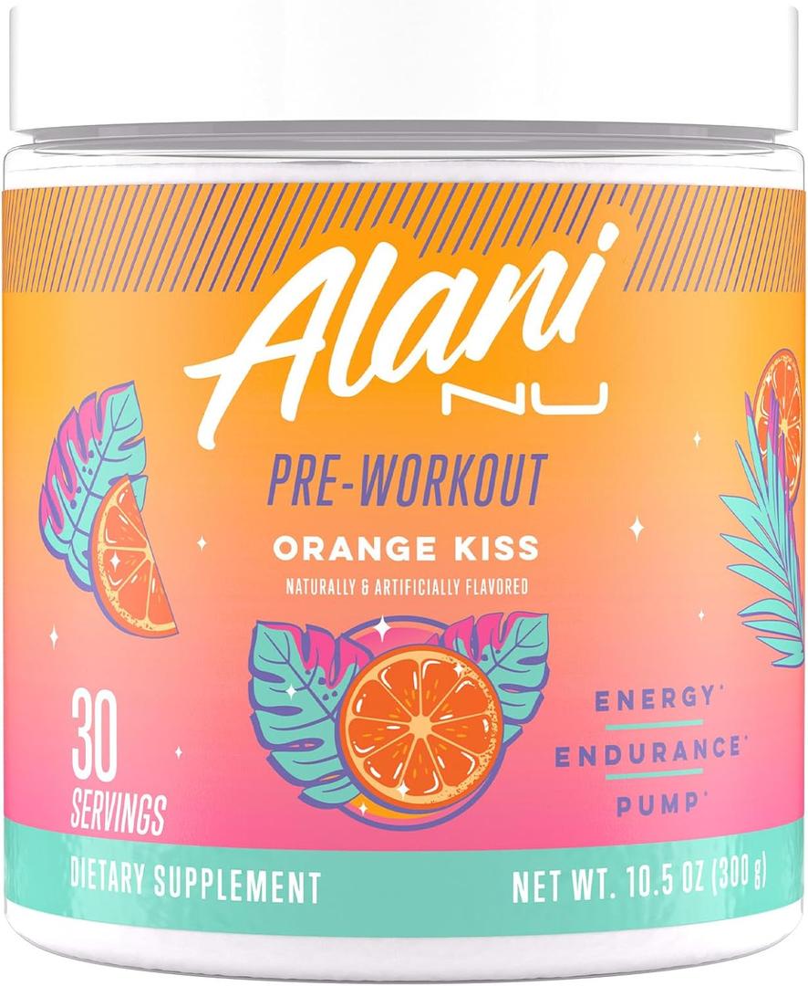Alani Nu Pre Workout Powder Orange KISS, Amino Energy Boost, Endurance Supplement, Sugar Free, 200mg Caffeine, L-Theanine, Beta-Alanine, Citrulline, 30 Servings (EXP 07/31/27)