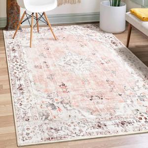 MUJOO Boho Area Rug 3'x5' Machine Washable, Pink Small Non Slip Area Rugs for Entryway Bedroom Bedside Kitchen Hallway Living Room Laundry Room Indoor Mat Soft Low-Pile Floral