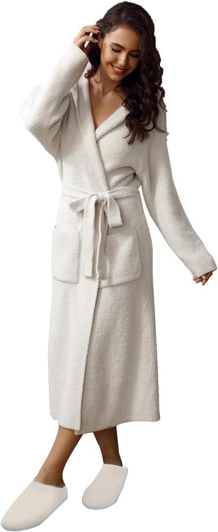 MH MYLUNE HOME Ultra Soft Robe With Pockets, Spa Bathrobe Loungewear Calf-Length, Plush Fuzzy Fluffy Wrap Robe for Women (1, Hooded Ribbed Taupe)