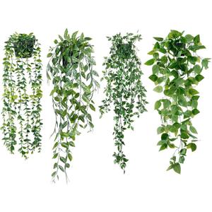 Sggvecsy Fake Hanging Plants 4 Pack Artificial Hanging Eucalyptus Plants Fake Potted Greenery Faux Eucalyptus Mandala Vine Ivy Vine Leaves Pea Pod for Home Indoor Outdoor Wall Garden Decor