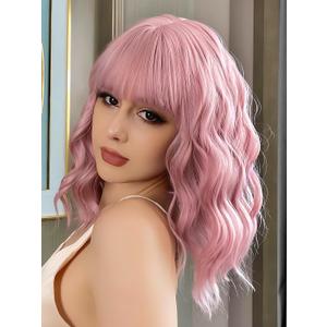Short Bob Wigs 14" Pink Wigs with Bangs for Women Wavy Shoulder Length Synthetic Wig Colorful Cosplay Daily Party Wigs for Women