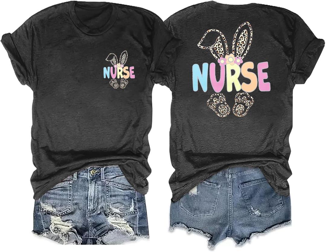 Easter Shirt Women Bunny Nurse Shirts Happy Easter Day Shirt Easter Bunny Graphic T Shirts Cute Bunny Leopard Tops