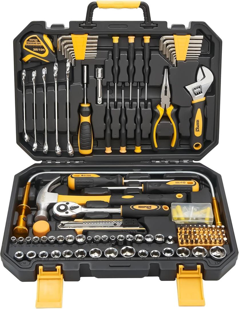 KOOPOOL 159 Piece Tool Set, Tool Box Kit for Mechanic and Car, General Household Home Tool Kit, Basic Tool Kit for Home Auto Repair, with Storage Case (Black Yellow)