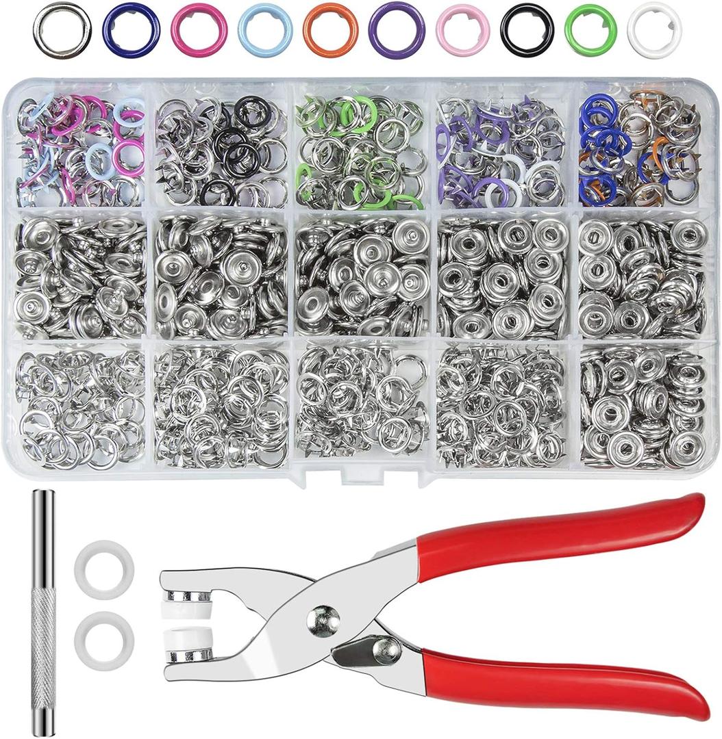 CHEPULA Craftsmanship DIY 200 Sets Metal Snaps Buttons with Fastener Pliers Press Tool Kit for Sewing and Crafting (10 Colors, 9.5mm) (Hollow)