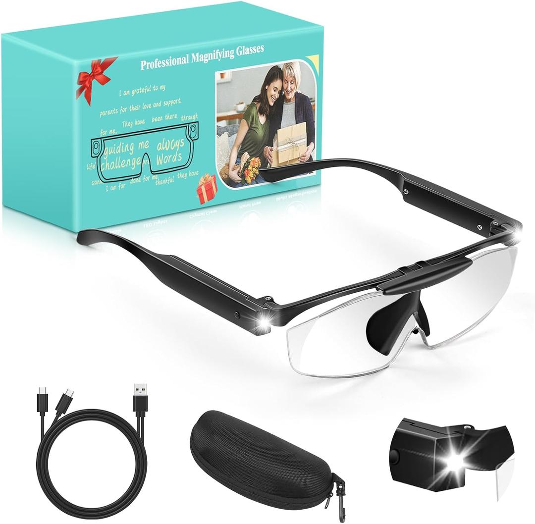 250% Magnifying Glass with Light, Rechargeable Head Magnifier Glasses with Lights, Flip-top Hands Free Magnifier Eyeglasses for Close Work, Jewelry Reading Craft Hobby, Black