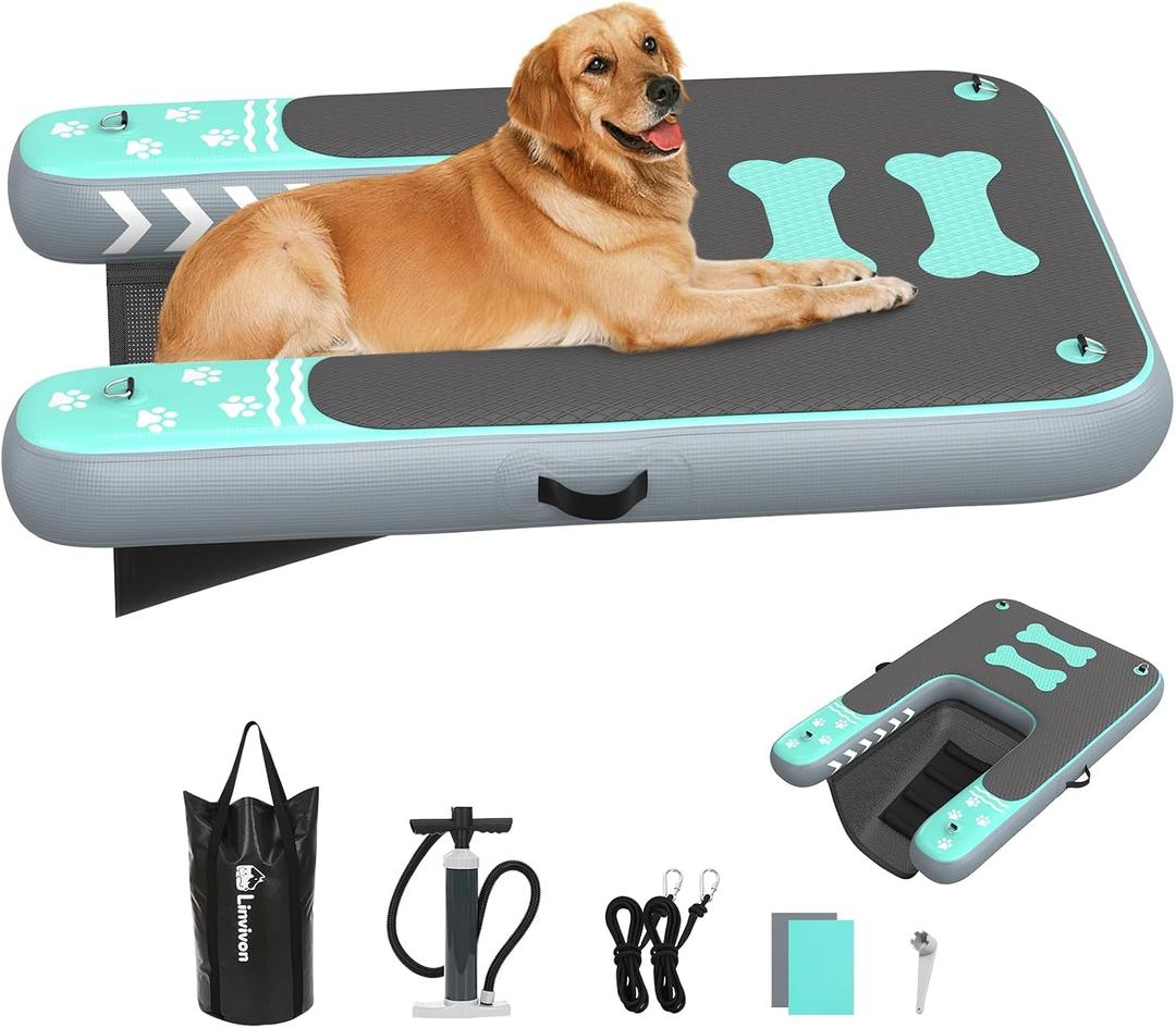 Inflatable Dog Boat Ramp for Dogs Up to 240 lbs, Inflatable Dock Floating Platform with Anti-Slip EVA Foam Safe & Easy Water Access, Dog Ramp for Boat, Pools, Lakes, Boats, Docks, Green