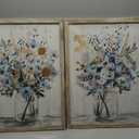 Floral Picture Wall Art Painting: Blossom Bouquet Flowers Print on Rustic Wood and Handcrafted Wooden Framed Artwork for Home and Kitchen (18 x 24 x 2pcs)