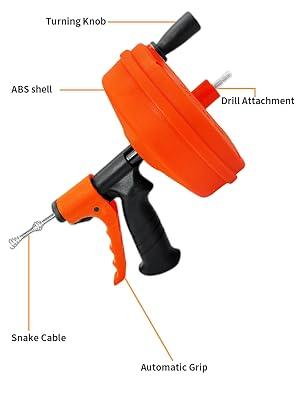 Drain Snake 50 FT, Auger Drain Snake Hair Drain Clog Remover, Plumbing Snake with Drill Attachment and Automatic Retractable Function, Manual or Powered Use for Kitchen, Sink, w/Gloves and Storage Bag
