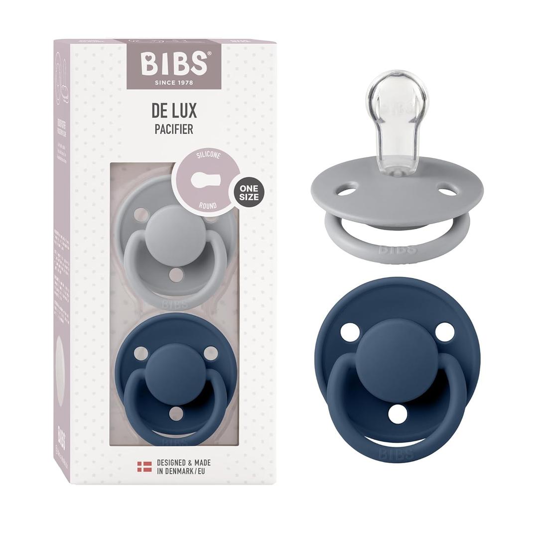 BIBS De Lux Baby Pacifier 2-Pack | Made in Denmark | BPA Free Dummy Soother, Round Nipple. Silicone, OneSize (0-36 Months), Cloud/Steel Blue