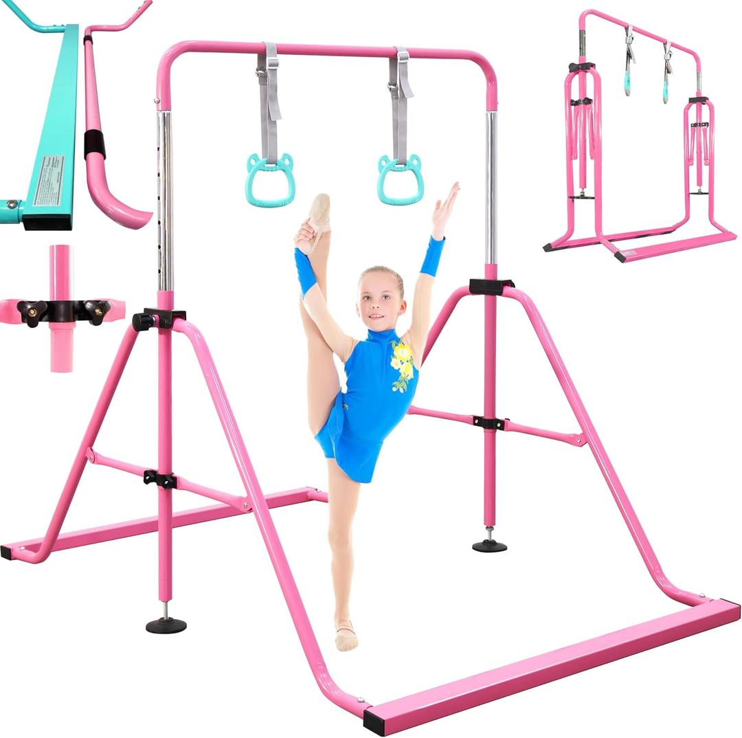 Folding Gymnastics Bar with Rings, Foldable Kip Bar with Sturdier Base, Training Bar for Kids Ages 3-10, Horizontal Bar, Home Gym Equipment for Boy Girl, 38'' Long Square Base, Pink