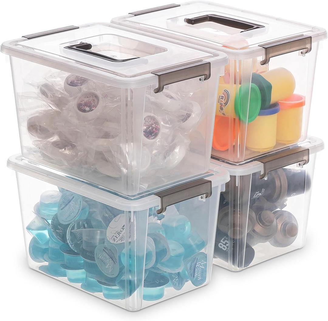Citylife 4 Packs Plastic Storage Bins with Latching Lids Clear Storage Box with handle Stackable Storage Containers for Organizing Toys, Crafts, Tools