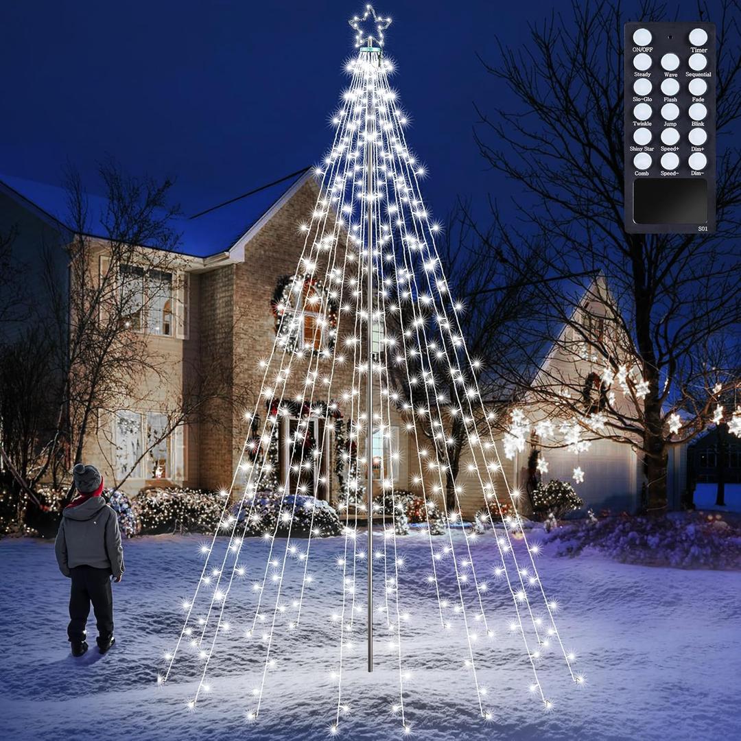 Flacchi 10 FT 404 LED Star String Lights Outdoor - Pole Set with Remote, Multiple Lighting Modes, Timer, and Waterproof Feature for Ultimate Holiday Decor (Cool White)