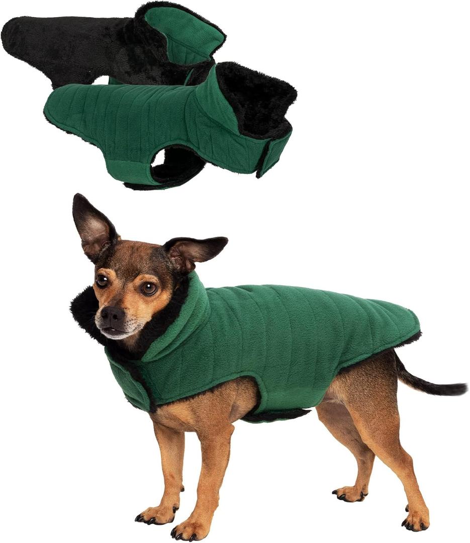 Furhaven Reversible XS Dog Coat, Washable & Insulating w/ Leash Access - Faux Fur & Quilted Fleece Flex-Fit Jacket - Black/Green, Extra Small