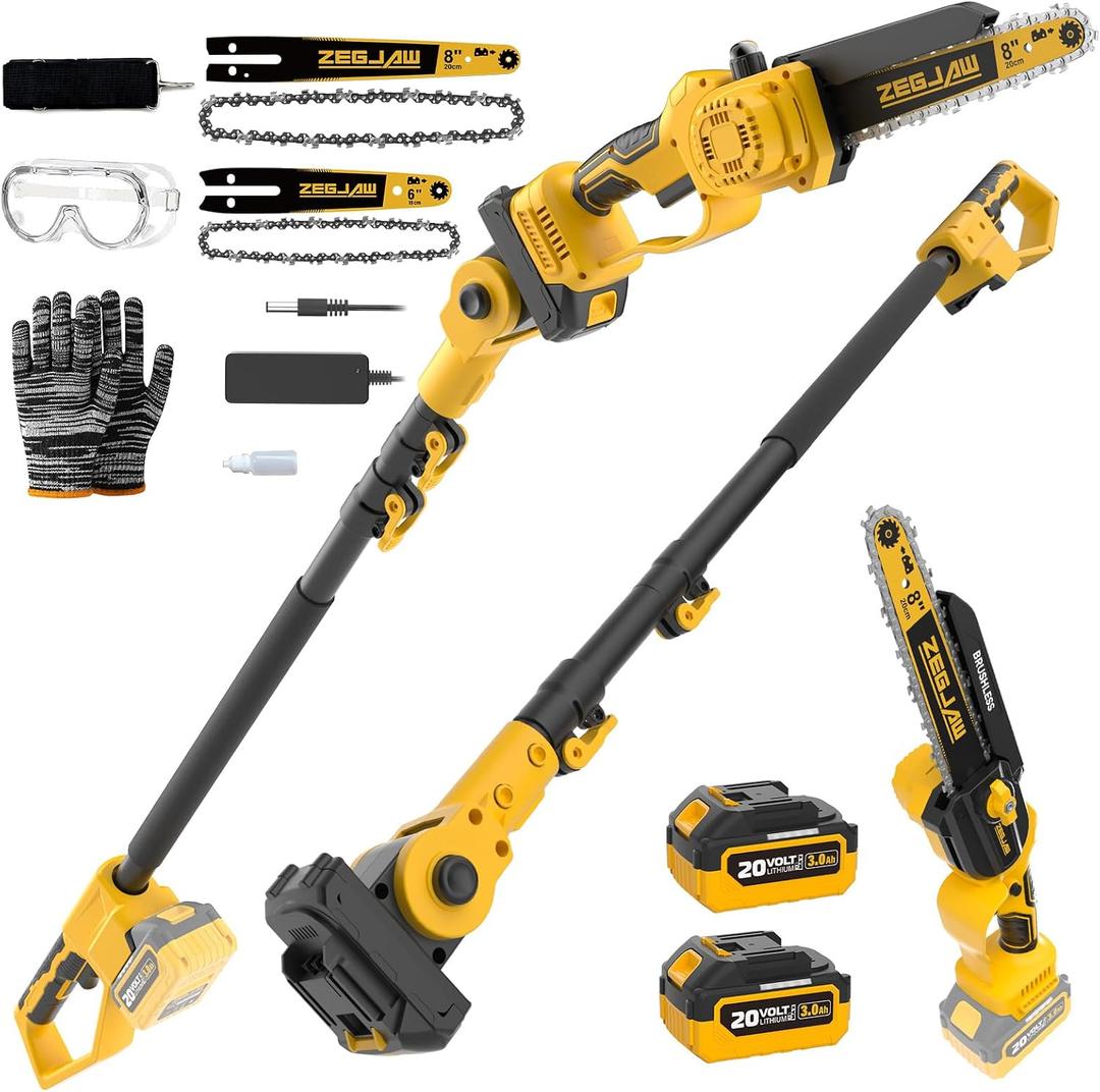 ZEGJAW 4-IN-1 Cordless Pole Saw & Mini Chainsaw, 6-inch & 8-inch Chainsaw Bar with 2 Pack 3.0Ah Battery and Charger, Electric Pole Saw for Tree Trimming with Adjustable Extension Pole