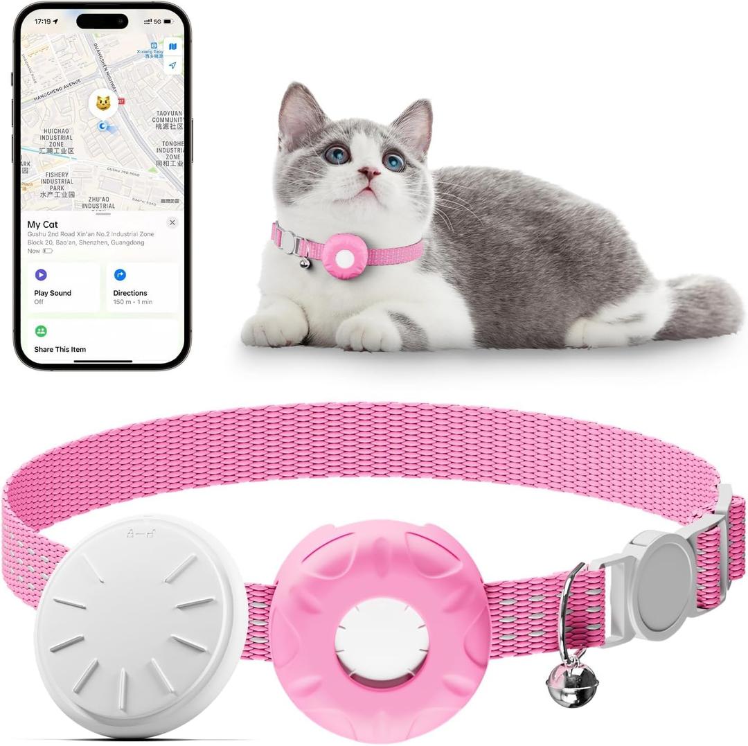 Cat GPS Tracker for Cats, Waterproof Pet GPS Tracker, Compatible with Apple Find My App (Only iOS), No Monthly Fee (White Tracker, Pink Cat Collar)-2025091601