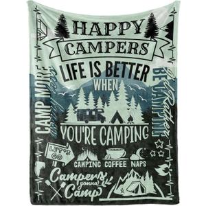 Camping Gifts for Women Men Lovers Throw Blanket, Happy Campers Decor Outdoor, RV Campsite Travel Hiking 50" x 65" - Happy Campers