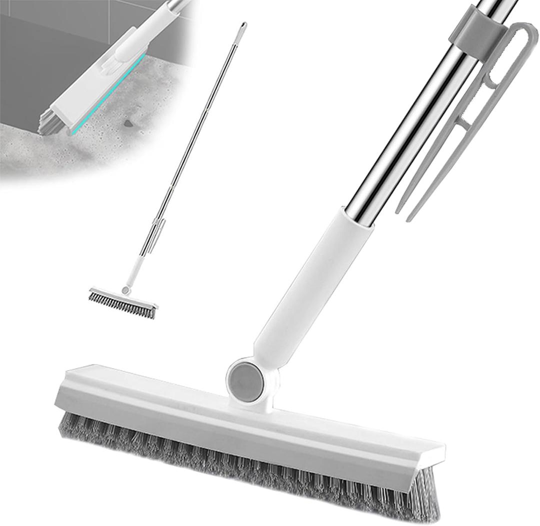 Floor Scrubbing Brush with 57" Adjustable Long Handle,3 in 1 Living Grout Brush with Squeegee,V-Shape Stiff Brush Bristle,Heavy Duty Bathroom Cleaning Brush for Tile,Deck,Patio,Wall,Garage,Kitchen