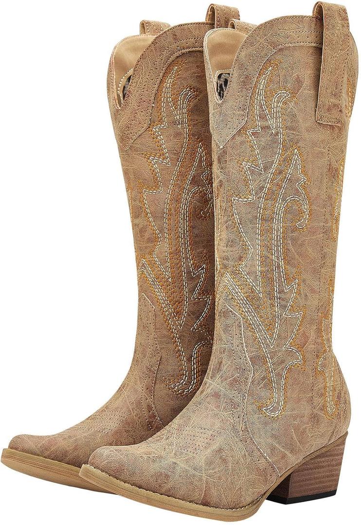 HISEA Rollda Cowboy Boots for Women, Cowgirl Boots, Comfortable Western Boots with Pointed Toe Stitched Embroidery for Country Concert Dancing Wedding Traveling Daily Outfits (8.5, Tan)
