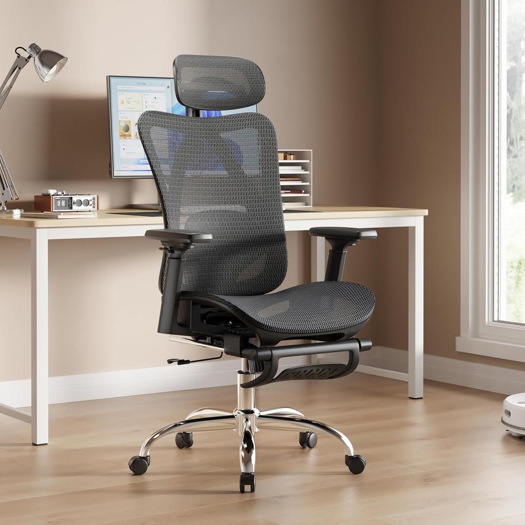 Ergonomic Office Chair, 3D Headrest and Retractable Footrest, SGS Class 4 Gas Clylinder, 3-Level Tilt Backrest, Dark Grey and Black