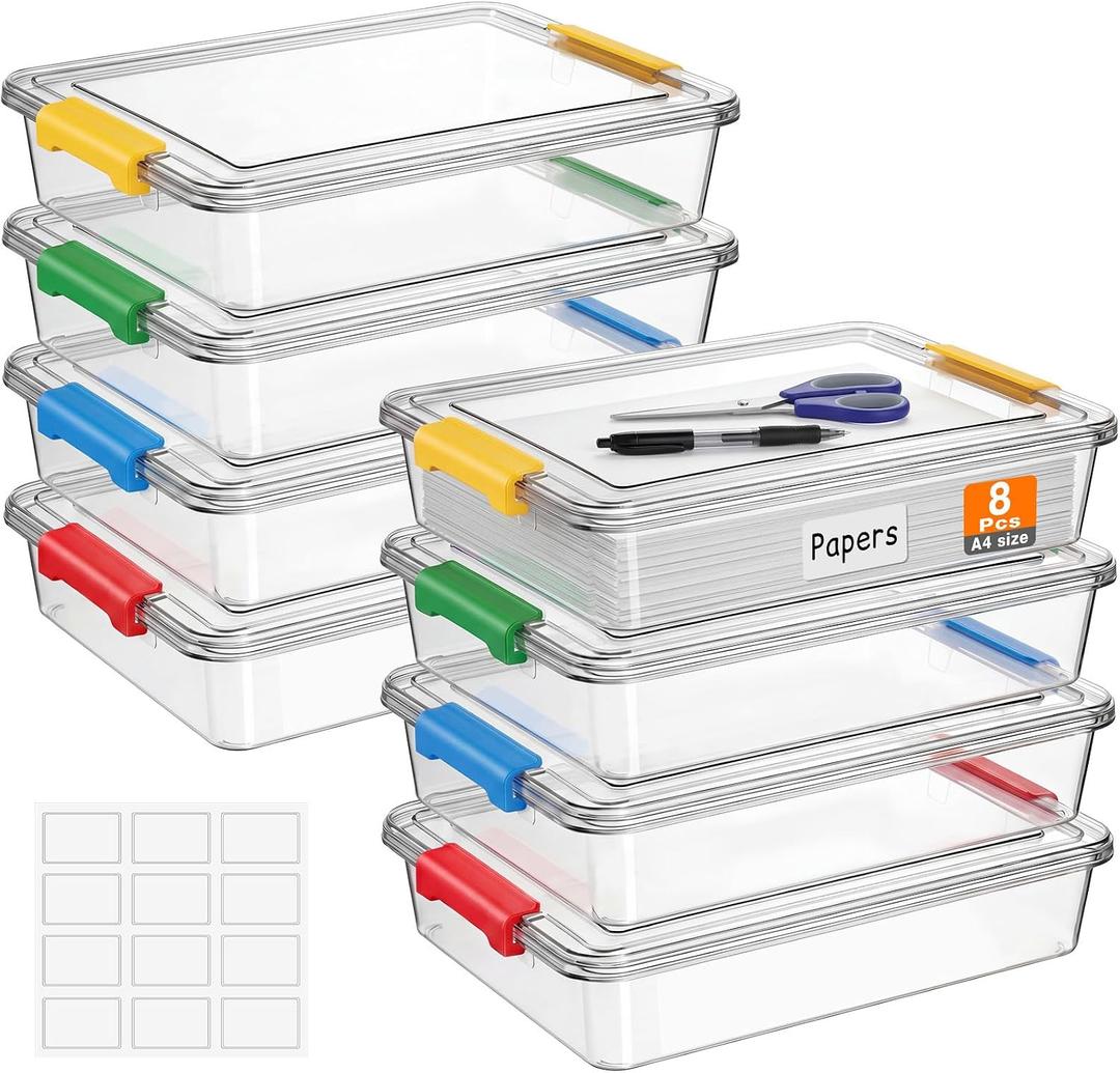 Fullhawl 8 Pcs Thickened Paper Storage Bin with Latching Lid, Label Clear Plastic Stackable Letter Size Tray Storage Container Arts Crafts Classroom Office Home Teacher Sorting (Rainbow)