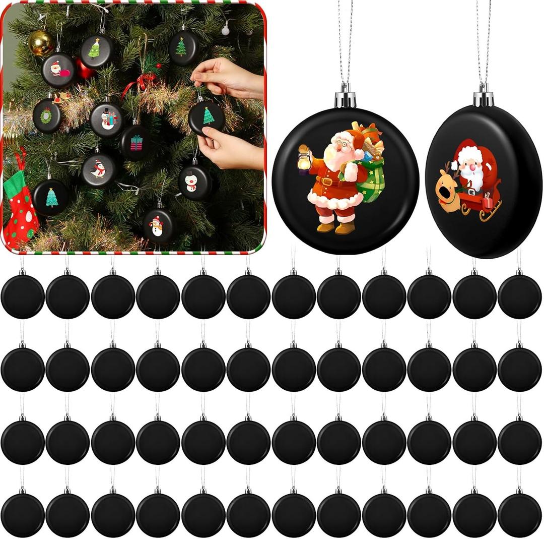 VioraWhite 48 Pcs 3.15 Inch DIY Christmas Ornaments Black Ball Ornament Xmas Plastic Matte Flat Discs Christmas Tree Hanging Ornament Decorations DIY Crafts Painting Drawing Stickers Decals