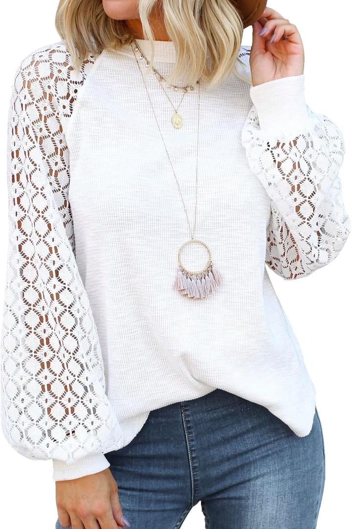 MIHOLL Women's Long Sleeve Tops Lace Casual Loose Blouses T Shirts (X-Large)