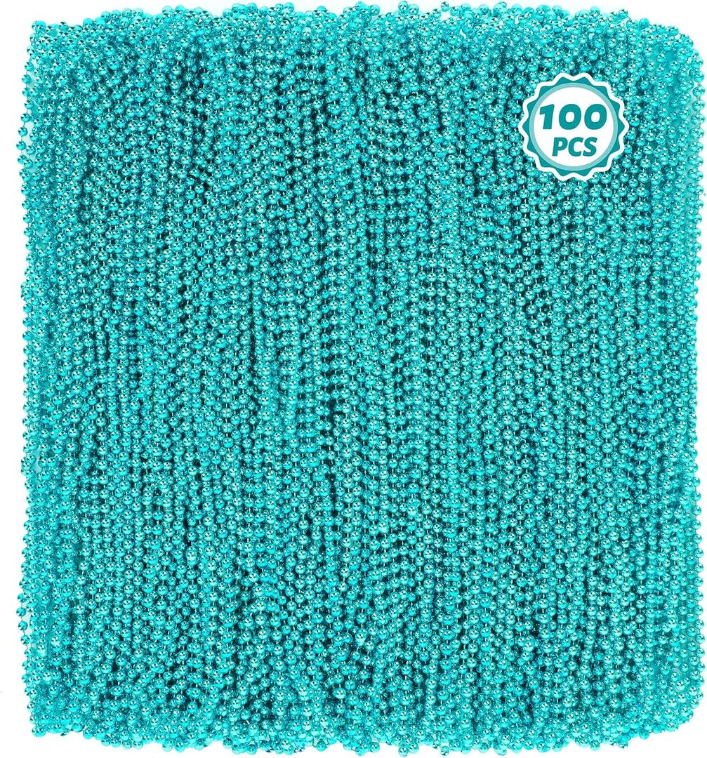 Huskein 100 PCS Lakeblue Beads Necklaces, 33" Round Beads Bulk, Mardi Gras Parade Accessories, Costume Necklaces for Parade Favors Accessories Decorations Festive Event Gender Reveal Party Supplies