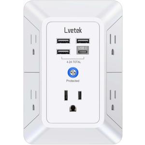 5 Outlet Extender Multi Plug Wall Outlets with 4 USB Charging Ports (1 USB C Outlet), 3 Sided 1680J Surge Protector Power Strip USB Wall Charger for Home, Office, Travel, ETL Listed, White