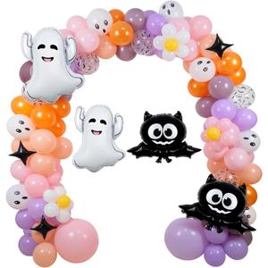 Halloween Balloon Arch Kit Pink, 18" 10" Balloons with Ghost Bat Foil Balloons for Halloween Baby Shower Decorations Happy Boo Day Party Supplies Outdoor Indoor Decors