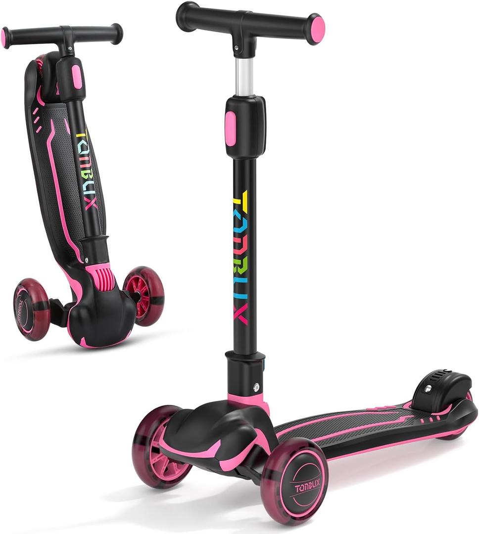 TONBUX Kids Scooter, Light Up 3 Wheel Kick Scooters for Kids 3-12, Folding Scooters with Adjustable Height - Toddler Scooter Lean-to-Steer & Widen Anti-Slip Deck (Rose Red)