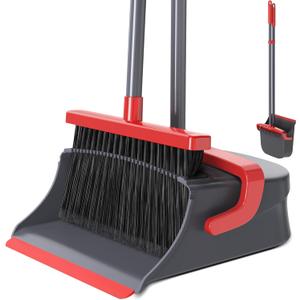 Broom with Dustpan Combo Set, Long Handle Upright Standing Self-Cleaning Broom and Dustpan Set for Pet Hair & Dust Cleanup, Indoor Outdoor Use for Home, Kitchen, Office, Red & Gray