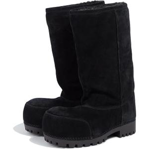 Platform Snow Boots for Women Suede Hippy Fur Boots Mid Calf Slip On Round Toe Winter Booties Comfortable Non-slip, Black, 8.5