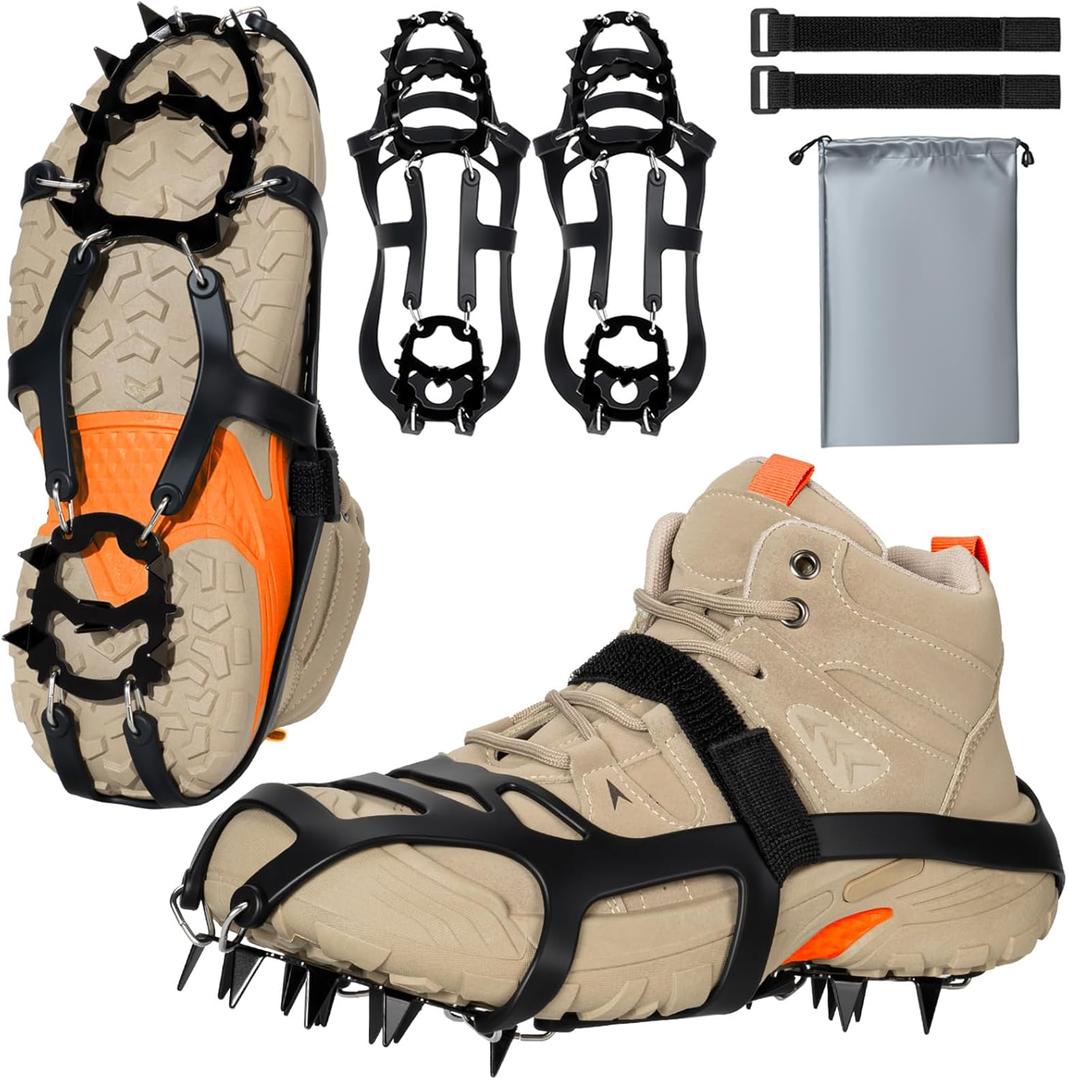 Crampons for Shoes Boots, 18 Spikes Ice Cleats for Women Men, Traction Ice Snow Grip with Alloy Steel Spikes, Heavy Duty Anti-Slip Safe Protect for Walking Hiking Fishing Climbing Shoveling (Lagre)