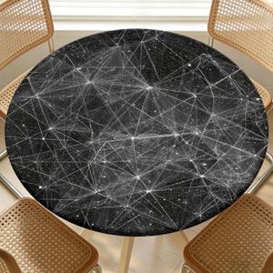 Round Fitted Tablecloth with Elastic Edge Design Table Cover Waterproof Stain-Resistant Wipeable Table Cloth Best for Outdoor/Indoor for 38"-42" Round Tables Black Geometry