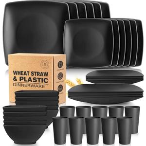 Teivio 40-piece Plastic Wheat Straw Square Dinnerware Set,Service for10, Unbreakable Dinner Plates, Salad Plates, Snack Bowls, Tumblers 13.5 oz, Dishwasher Safe, Kitchen Outdoor Camping Dish, Black
