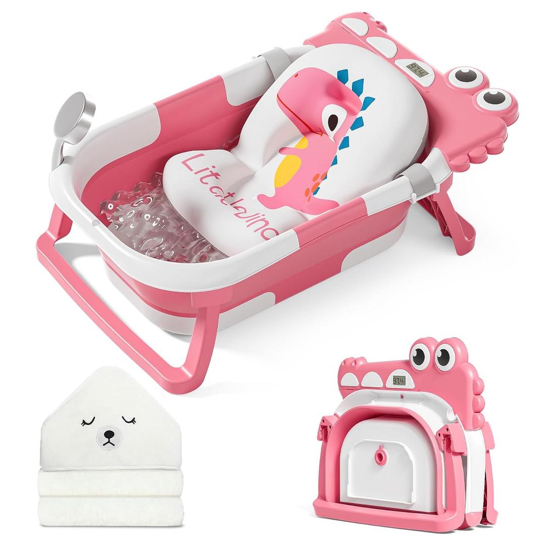 MoreFeel Collapsible Baby Bathtub for Newborn with Thermometer & 1 Hooded Towel & 1 Soft Floating Cushion,Portable Travel Bathtub with Drain Hole, Durable Foldable Baby Tubs for Infants to Toddler (Pink)
