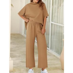 Yousify Women's Oversized Lounge Set 3/4 Batwing Sleeve Crew Neck Pullover Top Wide Leg Pants Two Piece Outfits (Medium, Light Brown)