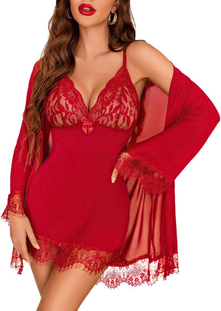 ROJZR Women Lingerie Set 3 Piece Babydoll Lace Kimono Robe Strap Chemise Nightgown Mesh Sleepwear Bodysuit (Red)