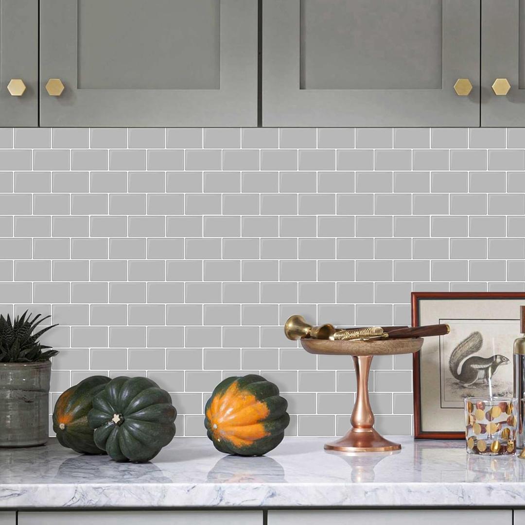 Alwayspon 10 Sheets 3D Thickened Peel and Stick Vinyl Backsplash Tiles, 12"x6" Self-Adhesive Wallpaper Wall Tile Stickers Stick on Subway Tiles for Kitchen Bathroom, Grey 055