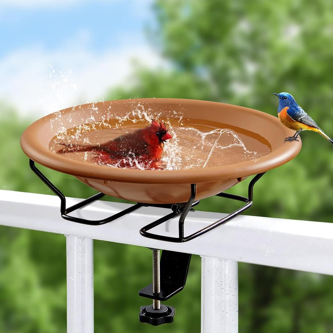 Bird Bath Deck Mounted 12 Inches, Deck Adjustable Steel Clamp 3.5 Inches, Balcony Railing Birdbaths Unheated (Brown)