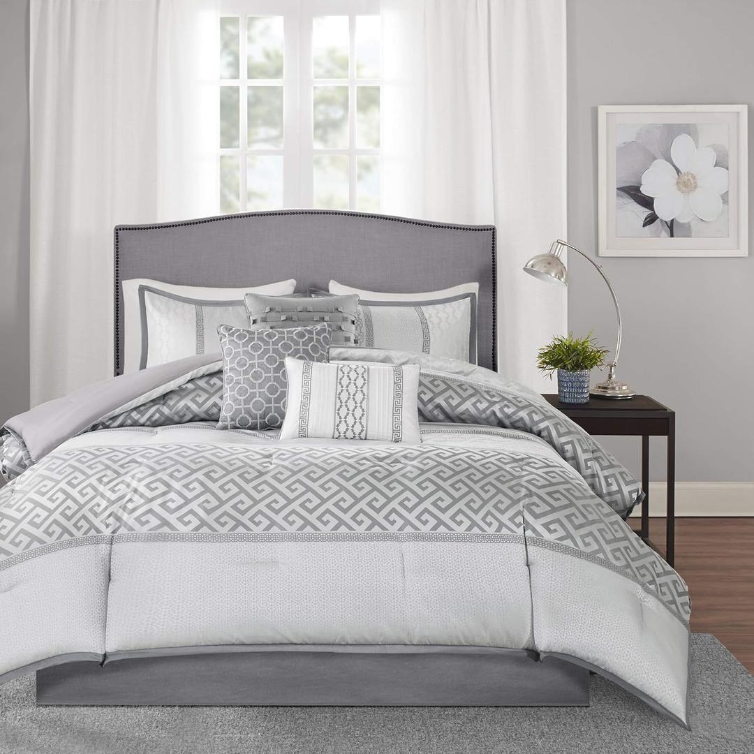 Madison Park Luxury Comforter Set-Traditional Jacquard Design All Season Down Alternative Bedding, Matching Bedskirt, Decorative Pillows, Queen(90"x90"), Bennett, Geometric Grey 7 Piece