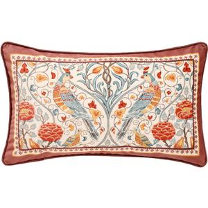 patdrea Designer Vintage Throw Pillow Covers 12"x20",Red Soft Velvet Lumbar Pillows Cover with Birds Floral Pattern,Rectangular Farmhouse Decorative Pillowcases for Couch Bed Living Room Outdoor