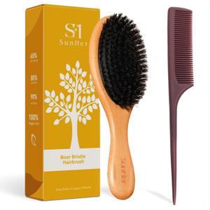 Boar Bristle Hair Brush - 100% Soft Boar Bristle Brush for Women Men Kids Restore Shine and Fine - Wooden Slick Back Hairbrush with Plastic Tail Comb for Short Thin Dry Hair (Brown)