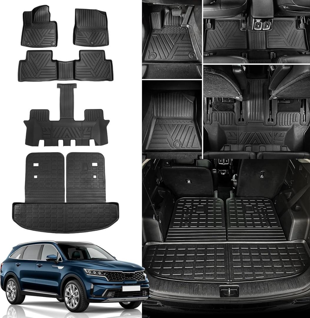 Rongtaod Floor Mats Compatible with 2021-2025 2026 Kia Sorento 6&7 Seats (Not for Hybrid) Cargo Mat Cargo Liner Back Seat Cover 2024 Sorento Accessories (Trunk Mat with Backrest Mat+Floor Mats)
