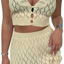 Saodimallsu Womens Two Piece Crochet Swimsuit Cover Ups Sleeveless V Neck Crop Tops Skirt Sets Beach Vacation Outfits (Small, Beige)